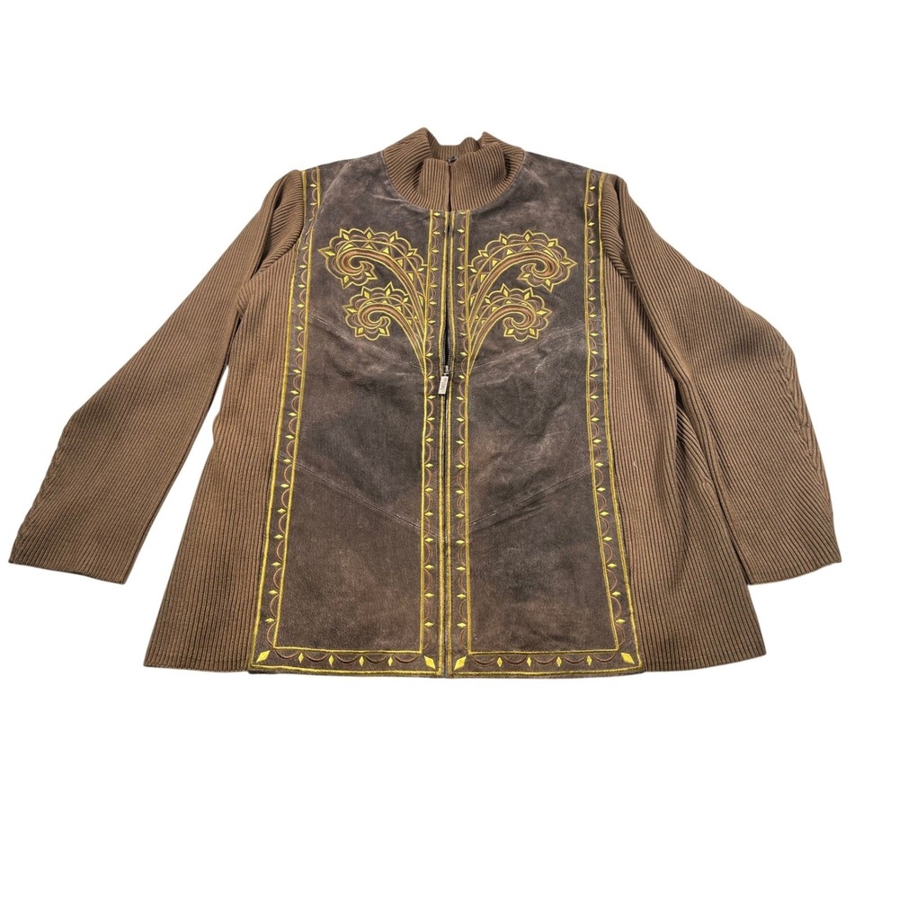 Bob Mackie Wearable Art 100% Leather Embroidered Zip Jacket XL Southwestern